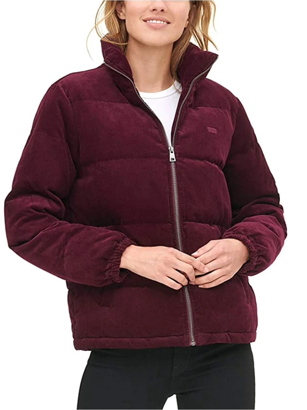 Levi’s Corduroy Puffer Jacket XL Burgundy Quilted Zip Front Winter Coat Cozy
